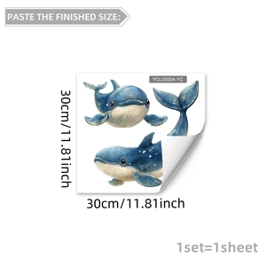 Detailed view of watercolor blue whale wall stickers with 30x30cm size specifications