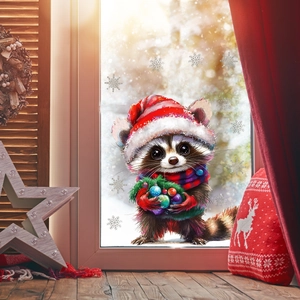Christmas Window Stickers PVC Double Sided Animal Raccoon Squirrel Rabbit Self Adhesive Holiday Glass Wall Decals Home Decoration