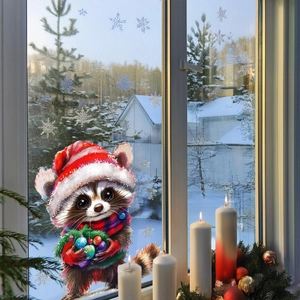 Detailed view of a hand-painted Christmas raccoon window sticker with snowflakes