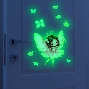 Luminous wall stickers set featuring green glowing fairy, butterflies, and bows for home decor