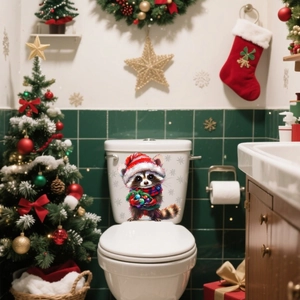 Christmas raccoon toilet sticker with santa hat and scarf on green tile bathroom wall