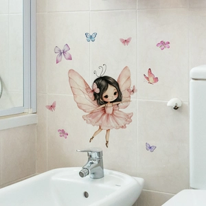 Luminous fairy wall sticker with pink wings and butterflies on a bathroom tile background
