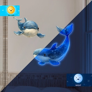 Luminous blue whale wall sticker showing daytime decor and night glow effects