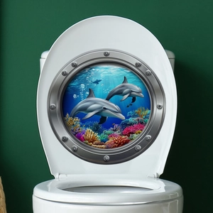 3D submarine window toilet sticker with dolphins and coral reef in a vivid ocean scene