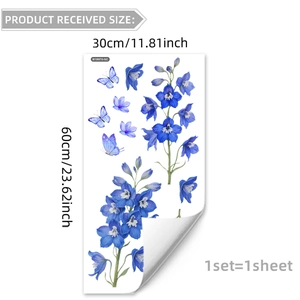 Détail des stickers muraux fleurs bleues et papillons 30x60cm avec dimensions précises