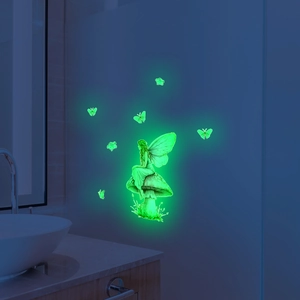 Luminous wall stickers featuring glowing forest fairy and mushrooms in green fluorescent light