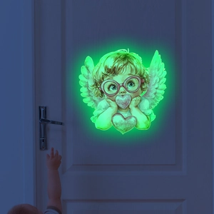 Luminous wall sticker featuring a cartoon angel girl with glowing green heart and wings