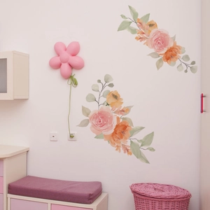 Stickers muraux aquarelle roses et feuilles vertes pour décoration de chambre d'enfant