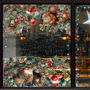 Christmas Window Stickers Static Cling PVC Reusable Decals Squirrel Cat Dog Pine Branch Xmas Festival Home Decor