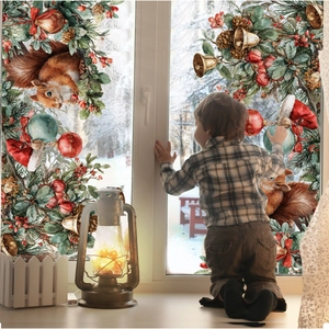 Cozy Christmas window static sticker set with squirrels and festive holiday foliage detail