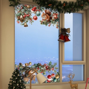 Detailed Christmas static window stickers featuring squirrels, pine branches and gold bells