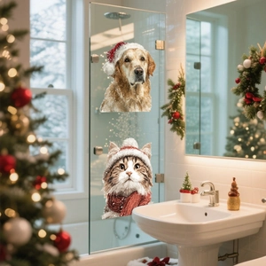 Golden Retriever and cat Christmas window clings applied on a glass door in a cozy room