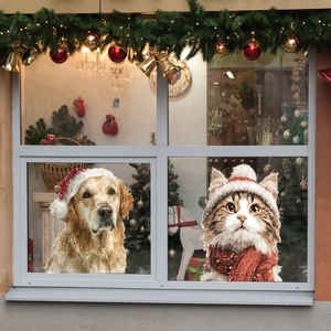 Decorative Christmas static window stickers featuring cute cat and dog wearing Santa hats