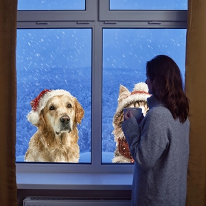 Golden Retriever and cat Christmas window clings with festive red hats for glass decor