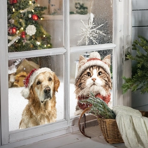 Detail of Christmas window cling featuring a Golden Retriever and cat in Santa hats