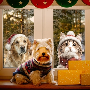 Festive static window stickers featuring dogs and cats in cozy Christmas outfits
