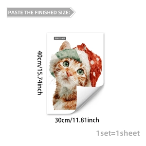 Christmas cat static window sticker with watercolor kitten wearing a red Santa hat