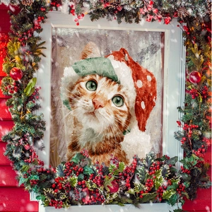 Close-up of a sparkling Christmas cat static sticker with 3D crystal texture on a window