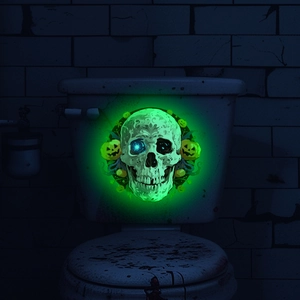 Stickers Halloween tête de mort lumineux vert brillant sur un réservoir de toilettes