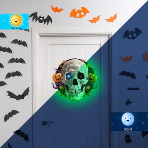 Sticker mural tête de mort Halloween lumineux avec effet phosphorescent vert jour nuit