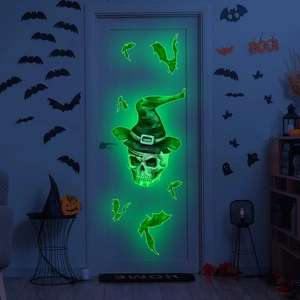 Stickers muraux Halloween crâne et chauves-souris lumineux brillant en vert dans le noir