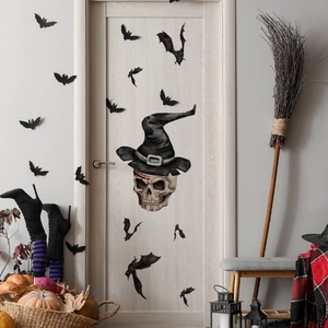 Stickers muraux Halloween lumineux avec crâne de sorcier et chauves-souris sur bois
