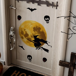 Luminous Halloween wall decals with witch silhouette and moon on a wooden door decoration