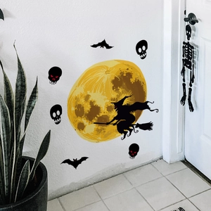 Detailed Halloween wall decal set featuring a yellow moon, witch silhouette, and bats