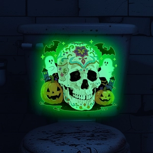 Autocollants muraux tête de mort et citrouille d'Halloween avec effet vert lumineux