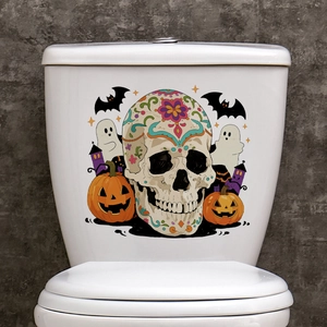 Autocollant Halloween crâne coloré avec citrouilles et chauves-souris sur réservoir WC