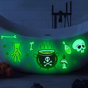 Luminous Halloween wall stickers featuring glowing green cauldron, skulls, and bones details
