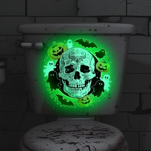 Autocollant Halloween fluorescent vert avec crâne et chauve-souris dans le noir
