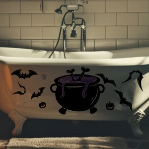 Halloween-Hexe-Kessel und schwarze Fledermaus-Silhouetten auf weißer Badewanne aufgeklebt