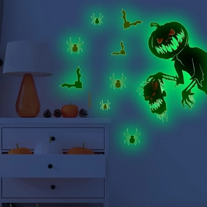 Luminous Halloween wall decals showing glowing green pumpkin zombie, bats and spiders