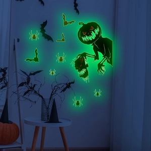 Luminous Halloween wall stickers featuring glowing green pumpkin, bats, and spiders