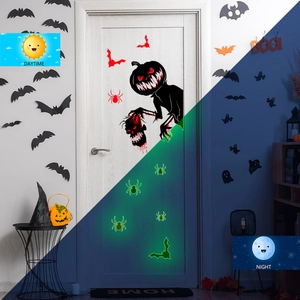 Luminous Halloween wall stickers showing day and night glow effect with pumpkin and bats
