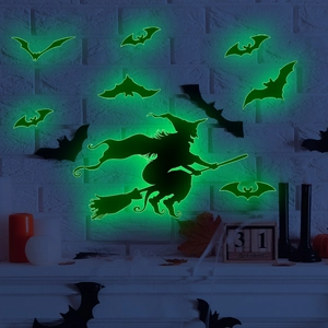 Luminous Halloween wall stickers set with green glow witch silhouette and bats decor