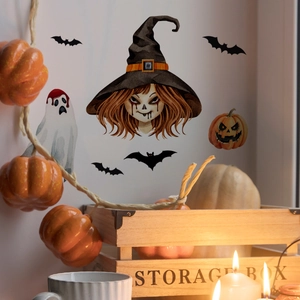 Halloween wall stickers featuring watercolor ghosts, pumpkins, and bats on a white wall
