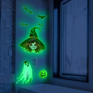 Glow-in-the-dark Halloween wall decals featuring green ghosts, pumpkins and bats