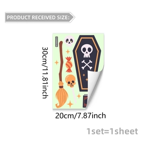 Detailed sheet showing 20x30cm luminous Halloween wall stickers with ghost and skull motifs