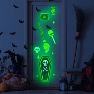 Luminous Halloween wall stickers featuring green glowing coffin and wizard motifs