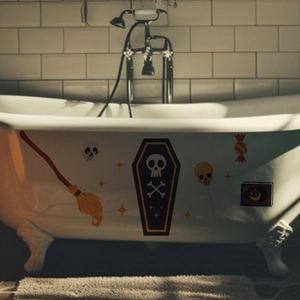 Detailed Halloween wall stickers set with skulls and stars on a white vintage bathtub surface