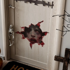 Detailed 3D zombie face wall sticker with realistic torn door effect for Halloween décor