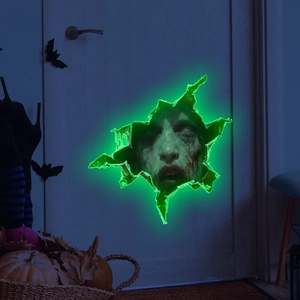 Luminous green zombie face wall sticker with glowing blood spatters for Halloween decor