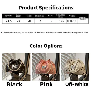 Size chart and dimensions for polka dot bucket bag with pearl strap and metal clasp