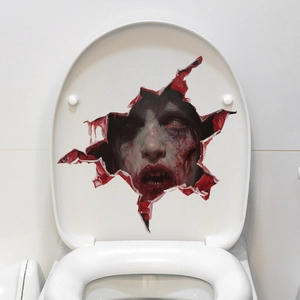 Detailed view of scary zombie toilet seat sticker for Halloween bathroom decoration