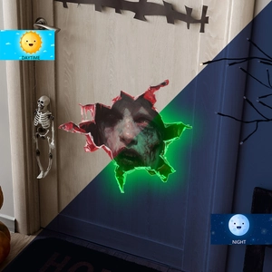 Glow in the dark 3D Halloween wall decal showing a zombie face in daytime and night