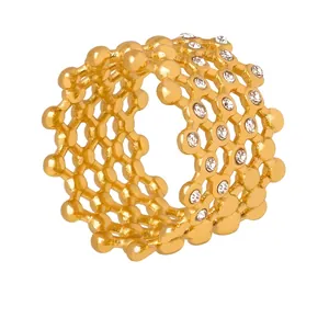 Honeycomb Mesh Hollow Ring 18K Gold Plated Titanium Steel Czech Rhinestone Wide Band Geometric Retro Jewelry For Women