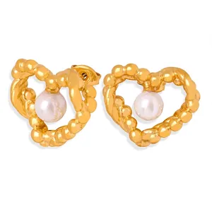 Asymmetric Heart Stud Earrings Titanium Steel Glass Artificial Pearl 18K Gold Plated Hollow Rope Texture Retro For Women