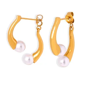 Boucles d'Oreilles Baroques Asymétriques en Künstliche Perles de Coquillage Vintage en Acier Titane Plaqué Or 18K Bijoux pour Femme
